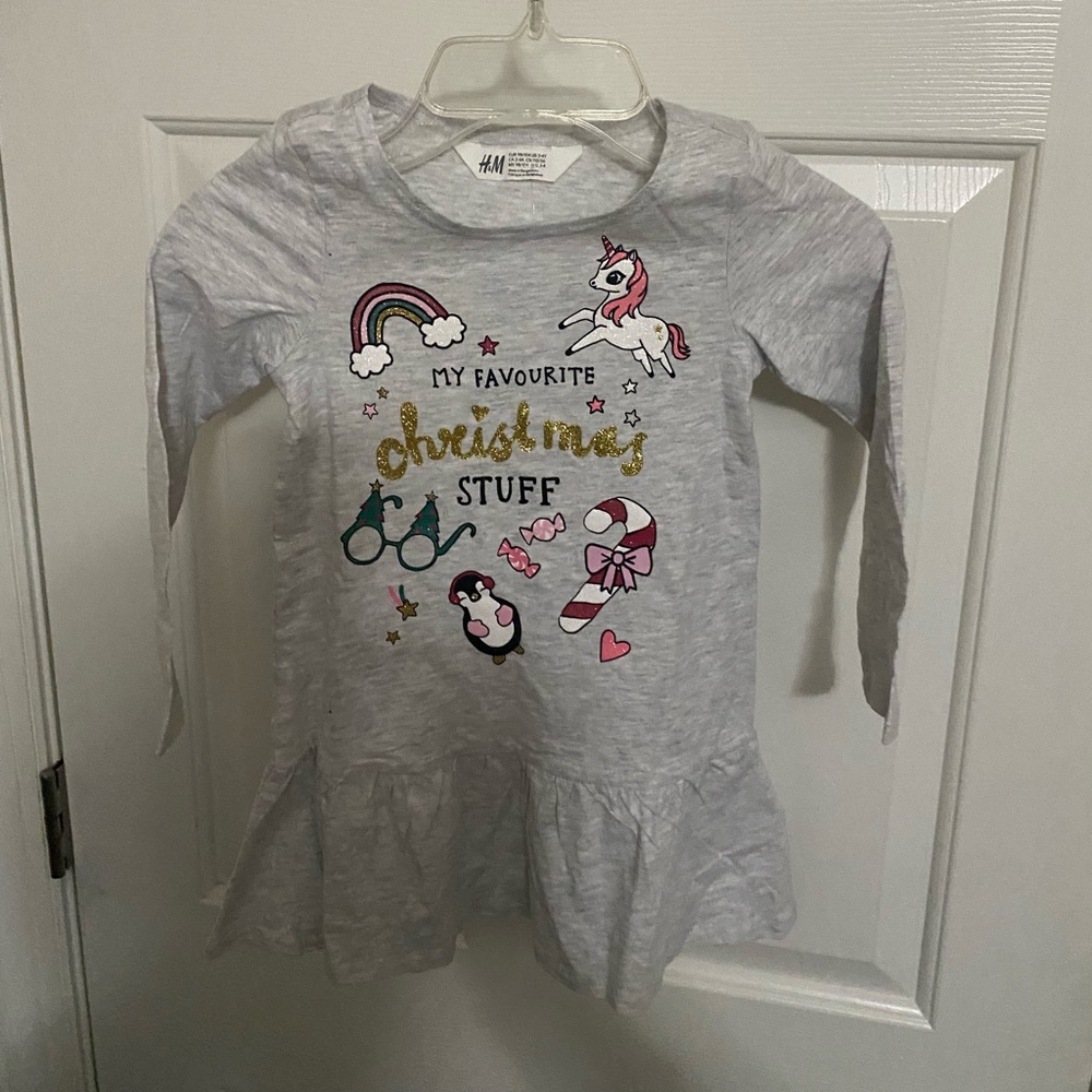 Girls H&M My Favorite Christmas Stuff Unicorn Rainbow Penguin Candy Dress 2-4Y